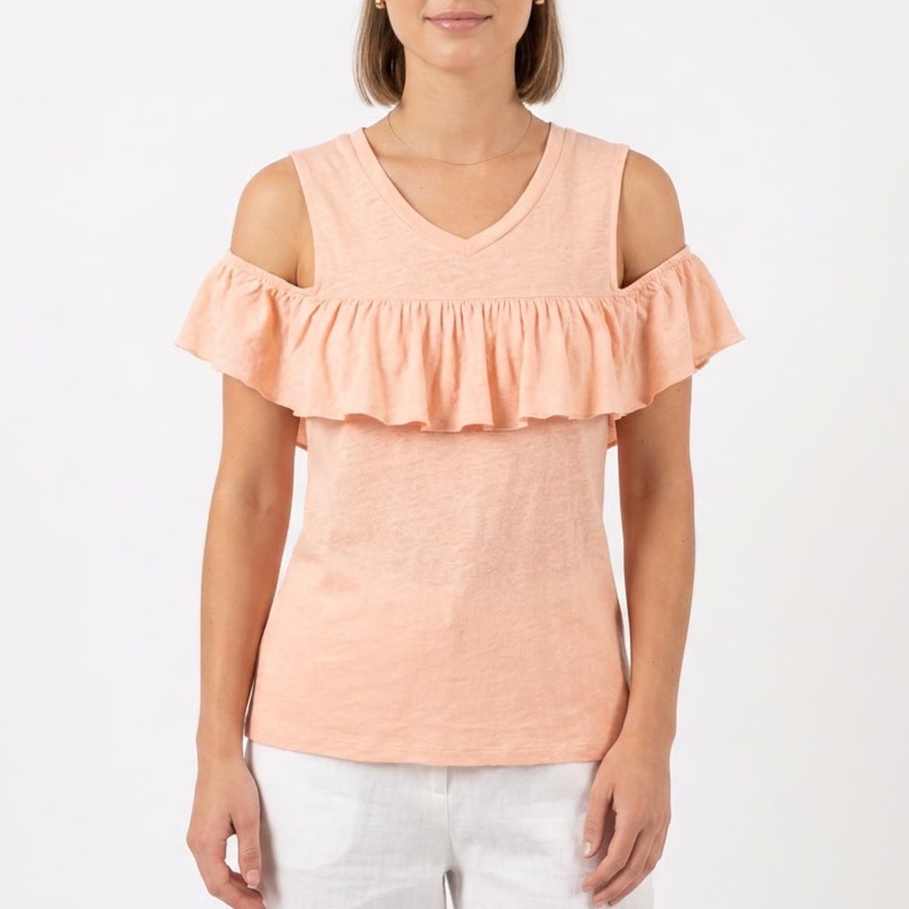Truly Madly Deeply Peach Cold Shoulder Ruffle Top V-Neck Cotton Modal Size M
